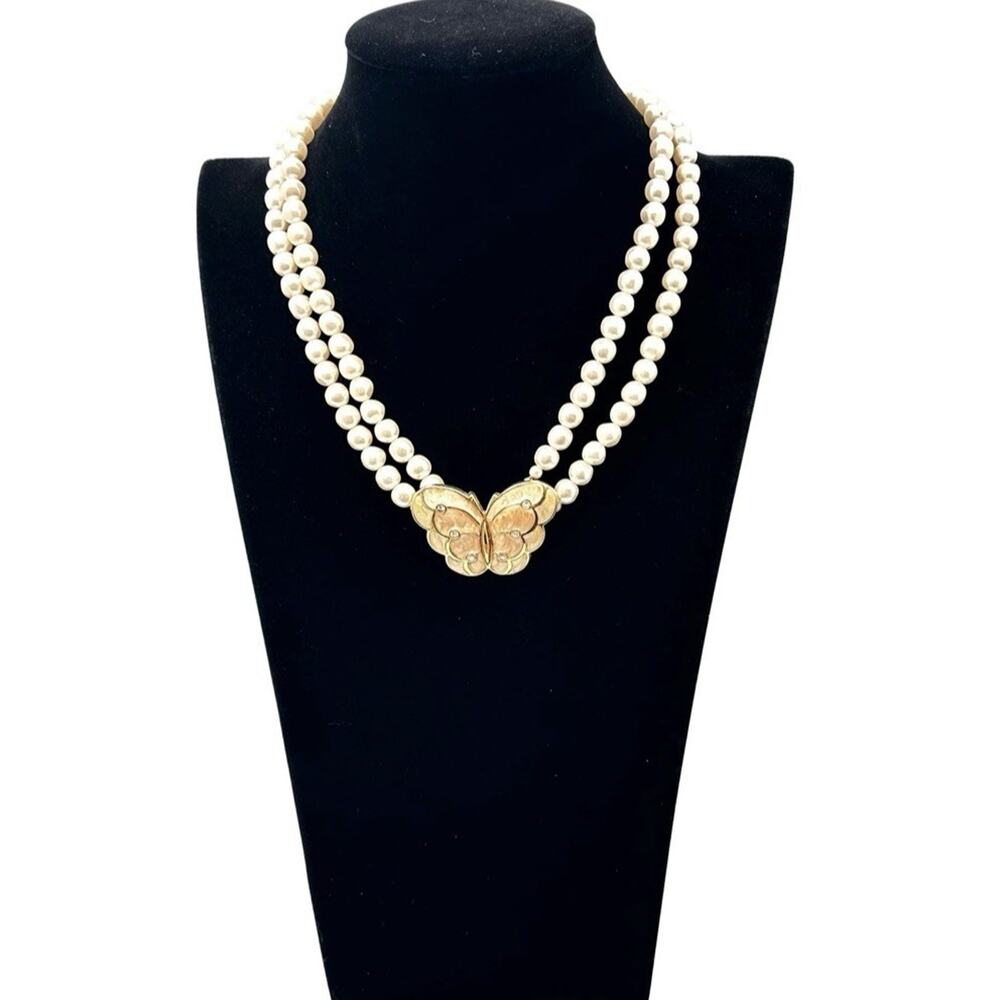 Vintage KJL for Avon Necklace Butterfly Rhinestone Enamel Imitation Pearl 16”